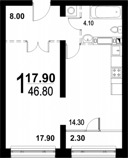 Однокомнатная квартира 46.8 м²