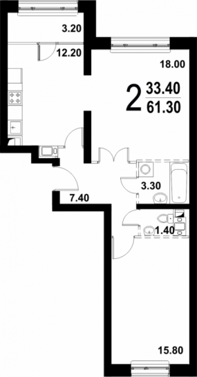 Двухкомнатная квартира 61.3 м²