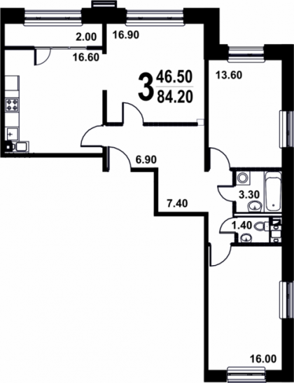 Трёхкомнатная квартира 84.2 м²