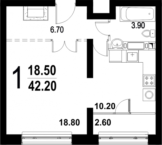 Однокомнатная квартира 42.2 м²