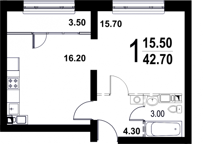 Однокомнатная квартира 42.7 м²