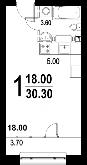 Студия 30.3 м²