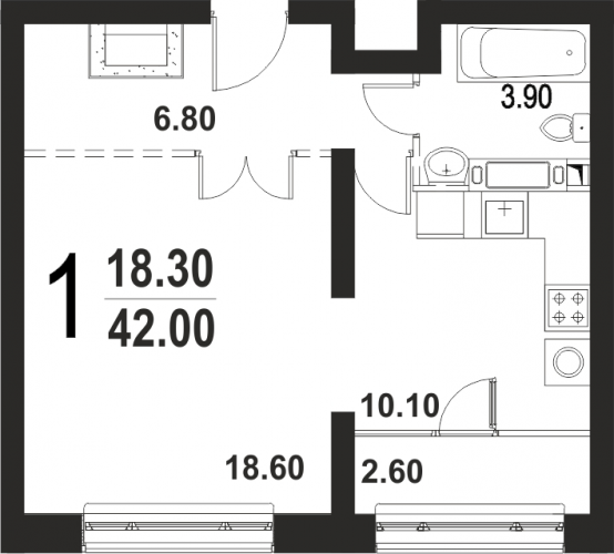 Однокомнатная квартира 42 м²
