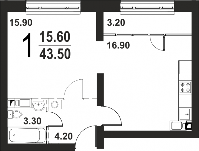 Однокомнатная квартира 43.5 м²