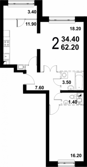 Двухкомнатная квартира 62.2 м²