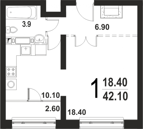 Однокомнатная квартира 42.1 м²