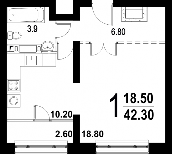 Однокомнатная квартира 42.3 м²