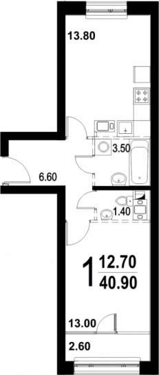 Однокомнатная квартира 40.9 м²