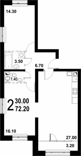 Двухкомнатная квартира 72.2 м²