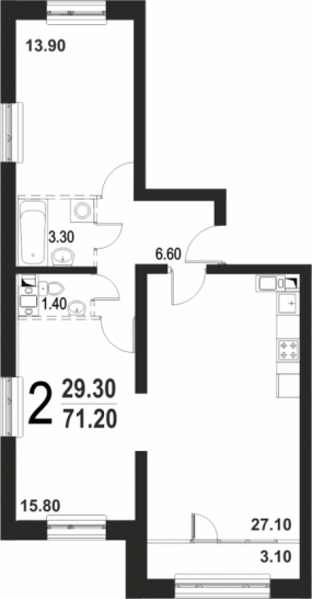 Двухкомнатная квартира 71.2 м²