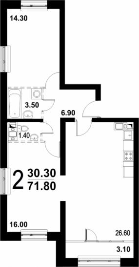 Двухкомнатная квартира 71.8 м²
