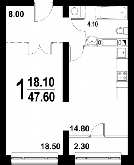 Однокомнатная квартира 47.3 м²