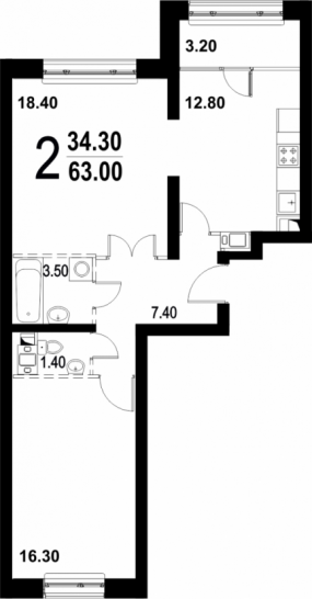 Двухкомнатная квартира 63 м²