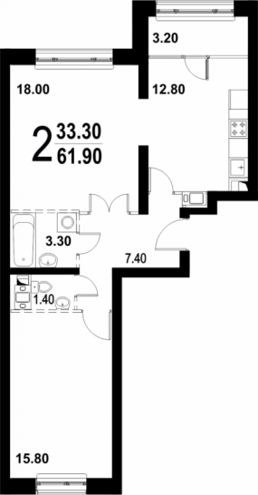 Двухкомнатная квартира 61.9 м²