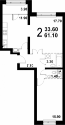 Двухкомнатная квартира 61.1 м²