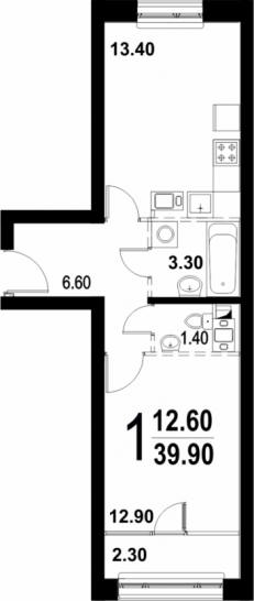 Однокомнатная квартира 39.9 м²