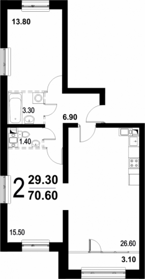 Двухкомнатная квартира 70.6 м²