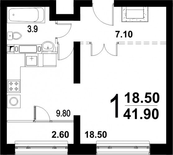 Однокомнатная квартира 41.9 м²